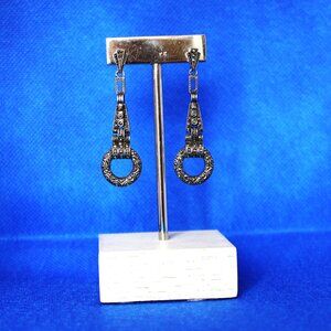 SHA VINTAGE ART DECO STYLE LONG 925 SILVER EAR RINGS WITH MARCASITE STONES.